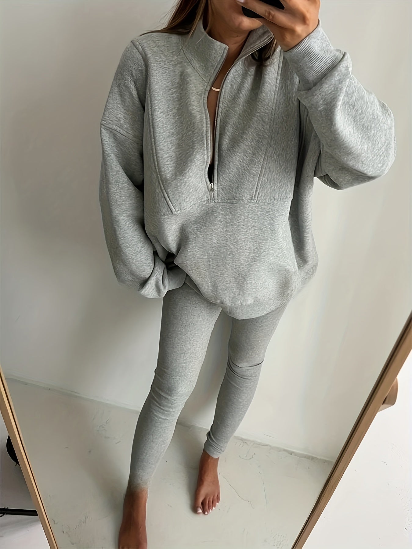 Dames Oversized Half-Zip Sweater met Hoge Kraag – Grijs