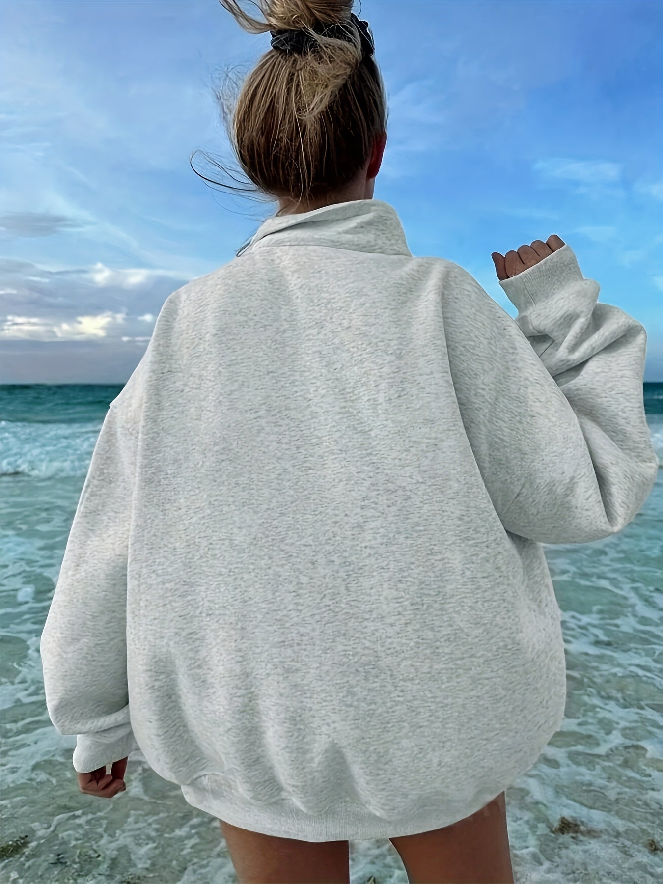 Dames Oversized Half-Zip Sweater met Hoge Kraag – Grijs