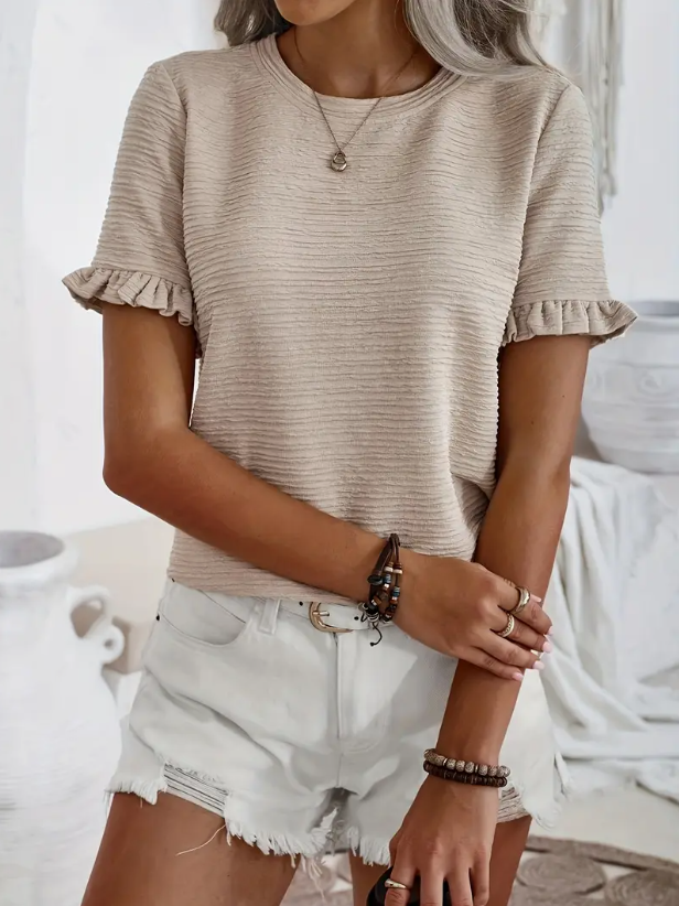 Dames T-shirt met korte mouwen en ruchemouw – beige