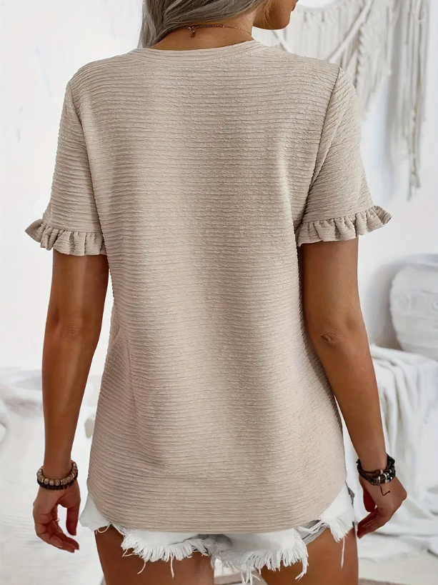 Dames T-shirt met korte mouwen en ruchemouw – beige