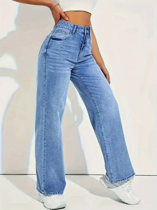 Dames jeans met rechte pijpen en hoge taille – blauw